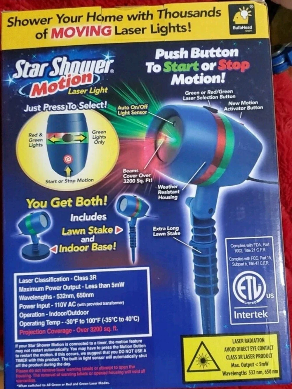 Star Show Motion Laser Light - Red & Green Colors. For Indoors Or Outdoors.